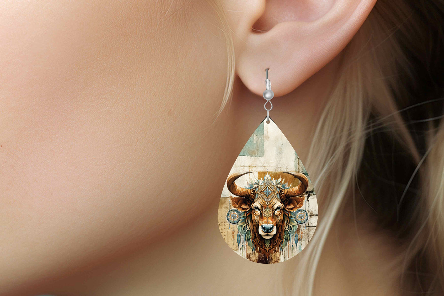 Buffalo Dream Catcher Earrings Print Tear Drop Wood Dangle Earrings Hypoallergenic Jewelry