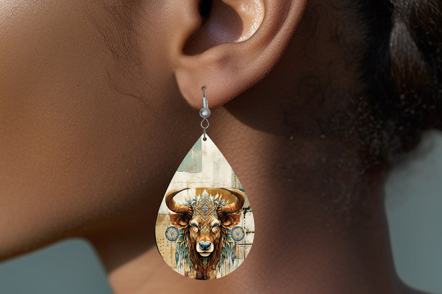 Buffalo Dream Catcher Earrings Print Tear Drop Wood Dangle Earrings Hypoallergenic Jewelry