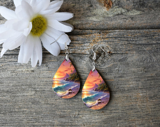 Coastal Sunset Earrings Print Tear Drop Wood Dangle Earrings Hypoallergenic Jewelry