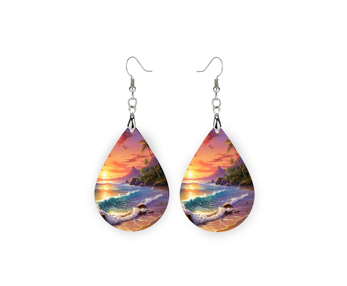 Coastal Sunset Earrings Print Tear Drop Wood Dangle Earrings Hypoallergenic Jewelry