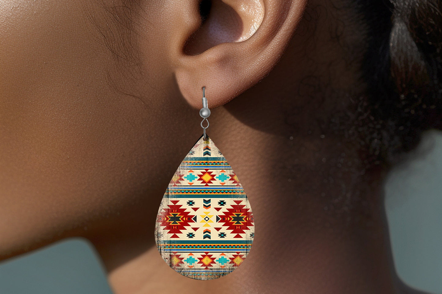 Dakota Tribal Earrings Print Tear Drop Wood Dangle Earrings Hypoallergenic Jewelry