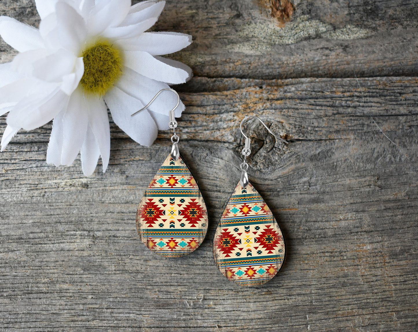 Dakota Tribal Earrings Print Tear Drop Wood Dangle Earrings Hypoallergenic Jewelry