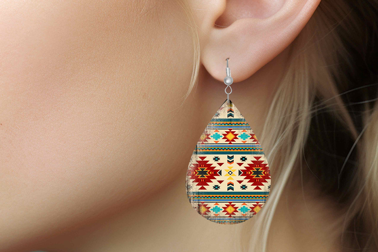 Dakota Tribal Earrings Print Tear Drop Wood Dangle Earrings Hypoallergenic Jewelry