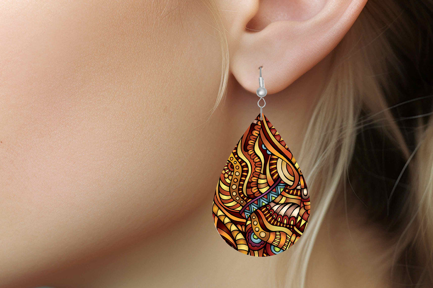 Geometric Vines Earrings Print Tear Drop Wood Dangle Earrings Hypoallergenic Jewelry