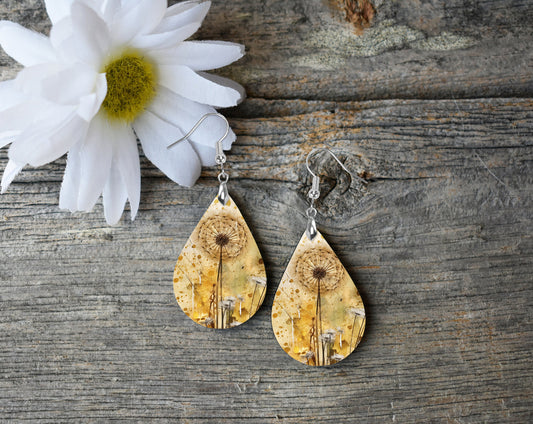 Golden Dandelion Earrings Print Tear Drop Wood Dangle Earrings Hypoallergenic Jewelry