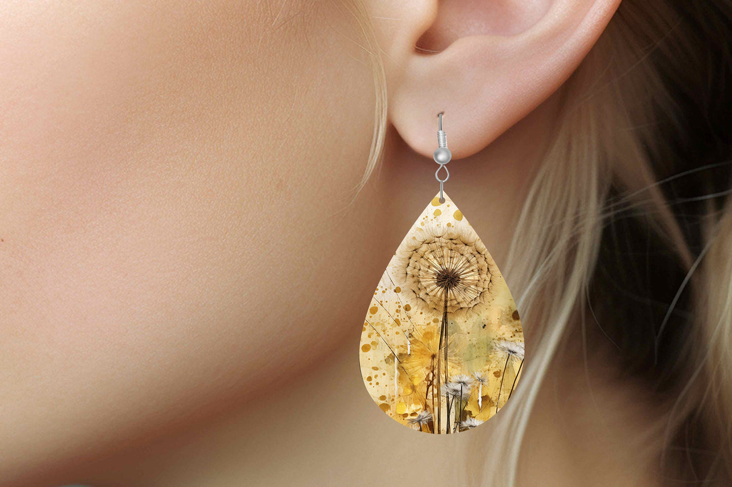 Golden Dandelion Earrings Print Tear Drop Wood Dangle Earrings Hypoallergenic Jewelry