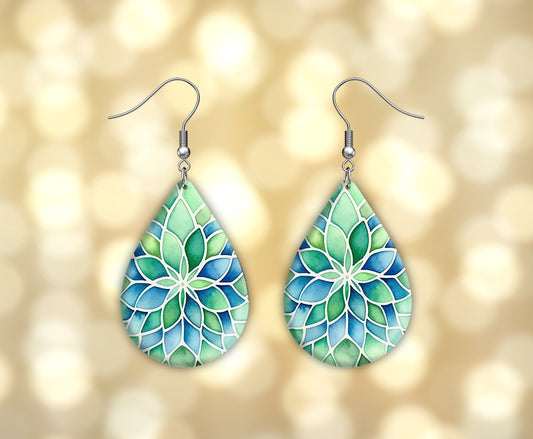 Green and Blue Spiral Earrings Print Tear Drop Wood Dangle Earrings Hypoallergenic Jewelry