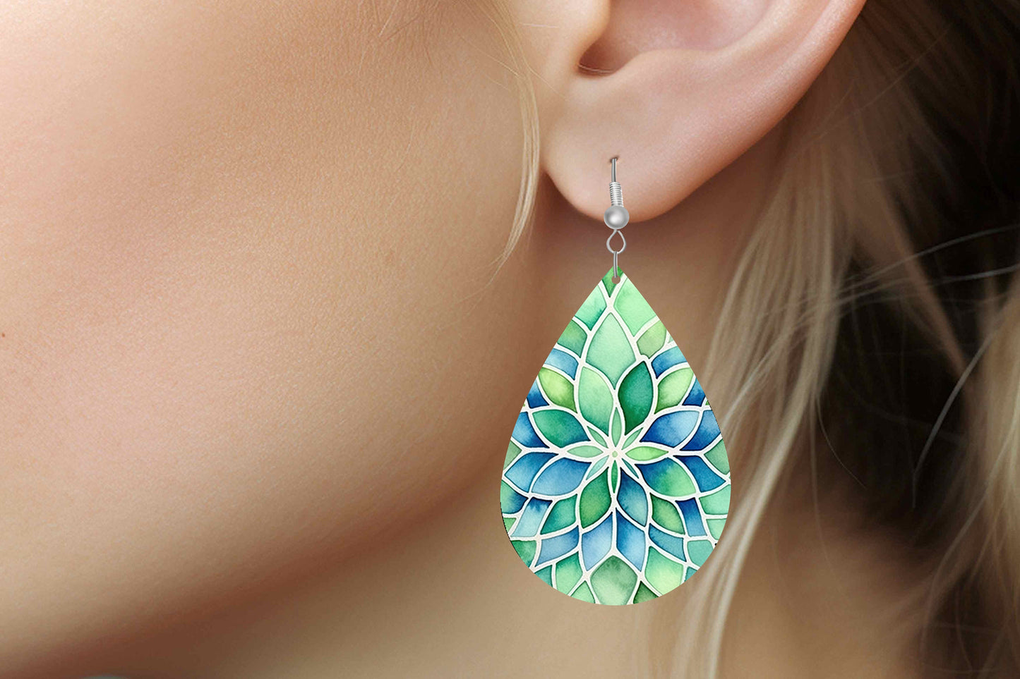 Green and Blue Spiral Earrings Print Tear Drop Wood Dangle Earrings Hypoallergenic Jewelry