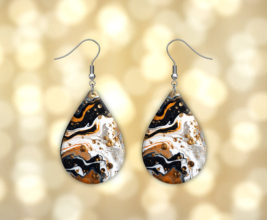 Black White Bronze Swirl Print Earrings Print Tear Drop Wood Dangle Earrings Hypoallergenic Jewelry