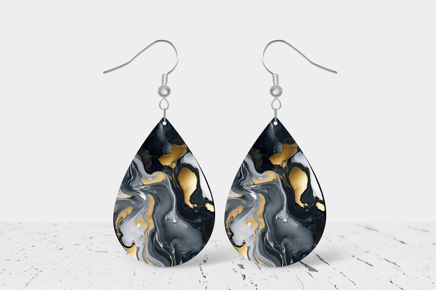 Black Gray Swirl Print Earrings Print Tear Drop Wood Dangle Earrings Hypoallergenic Jewelry