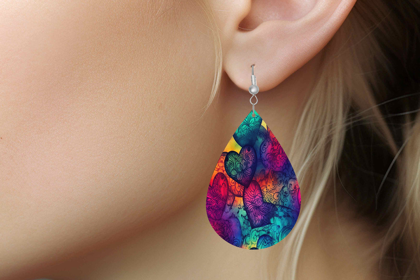 Color Wash Hearts Earrings Print Tear Drop Wood Dangle Earrings Hypoallergenic Jewelry, Valentine's Day