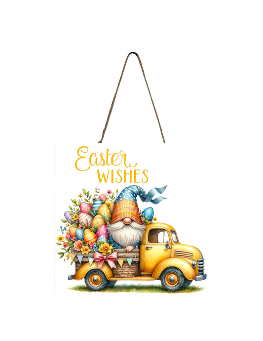 Easter Sign, Easter Wishes Yellow Truck Hanging Wall Mini Sign Wood Home Decor, Door Hanger, Wreath Sign