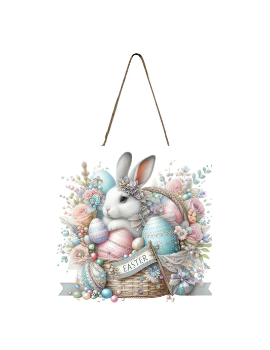 Easter Sign, Pastel Easter Bunny Basket Hanging Wall Mini Sign Wood Home Decor, Door Hanger, Wreath Sign