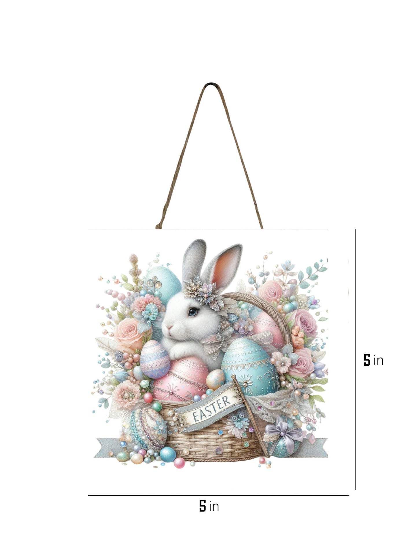 Easter Sign, Pastel Easter Bunny Basket Hanging Wall Mini Sign Wood Home Decor, Door Hanger, Wreath Sign