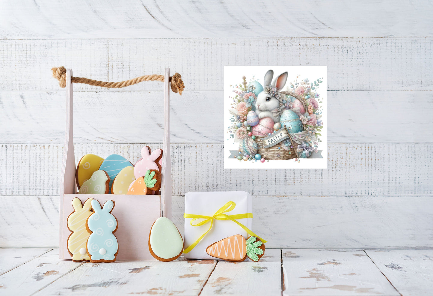 Easter Sign, Pastel Easter Bunny Basket Hanging Wall Mini Sign Wood Home Decor, Door Hanger, Wreath Sign