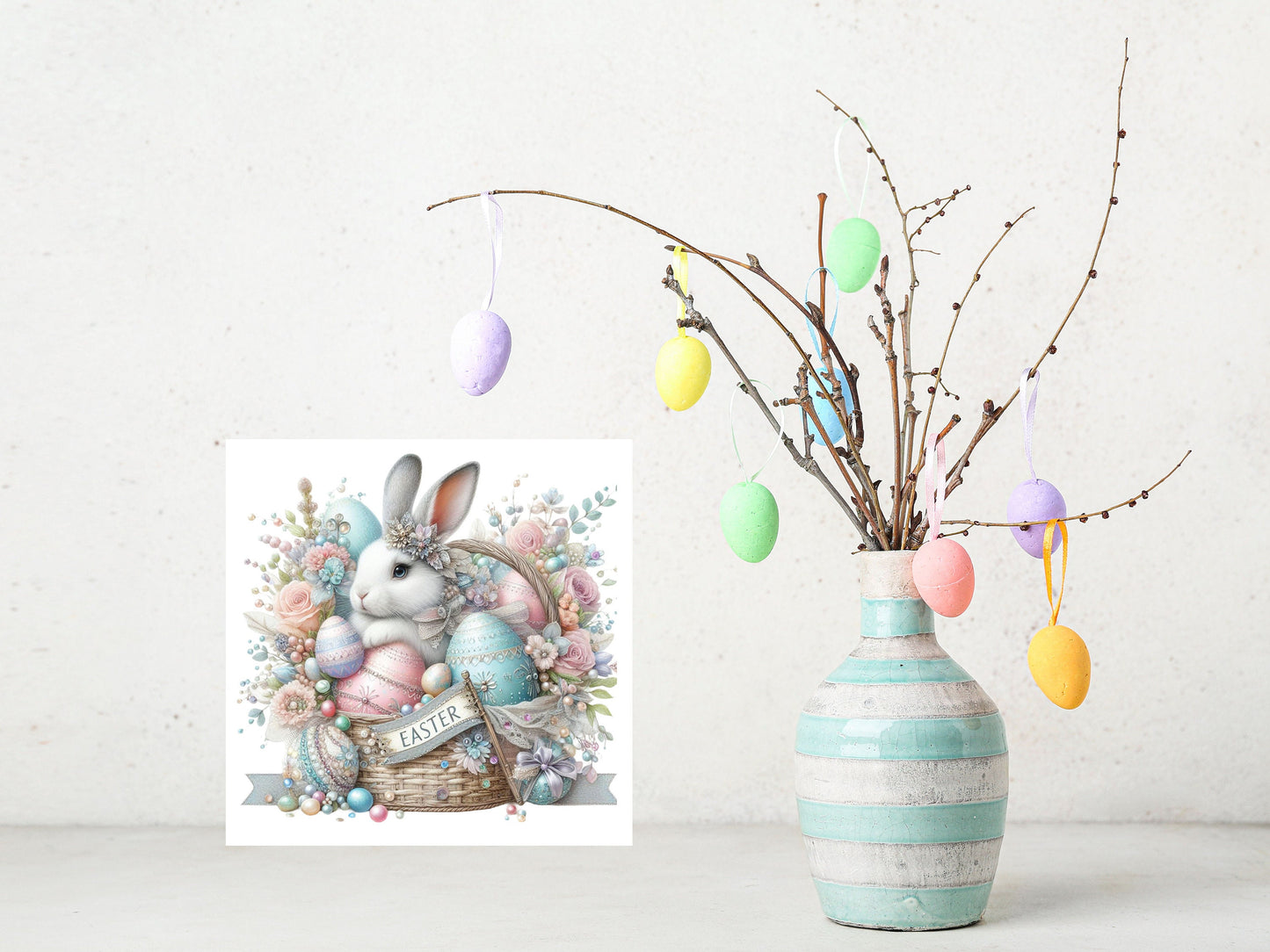 Easter Sign, Pastel Easter Bunny Basket Hanging Wall Mini Sign Wood Home Decor, Door Hanger, Wreath Sign