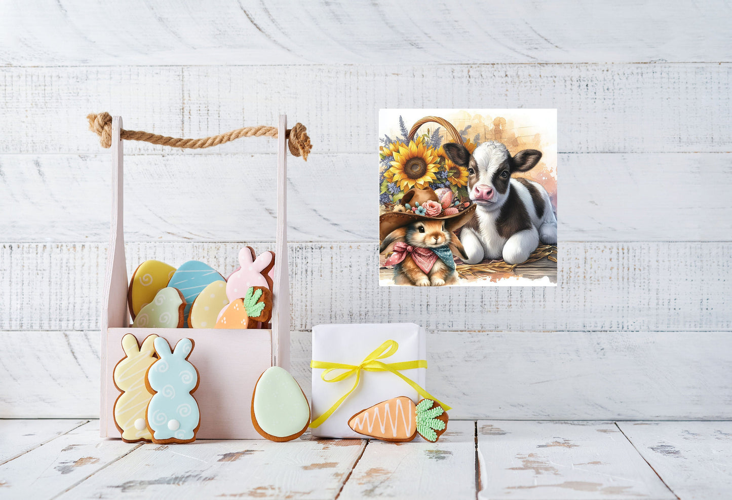 Easter Sign, Western Bunny and Cow Hanging Wall Mini Sign Wood Home Decor, Door Hanger, Wreath Sign