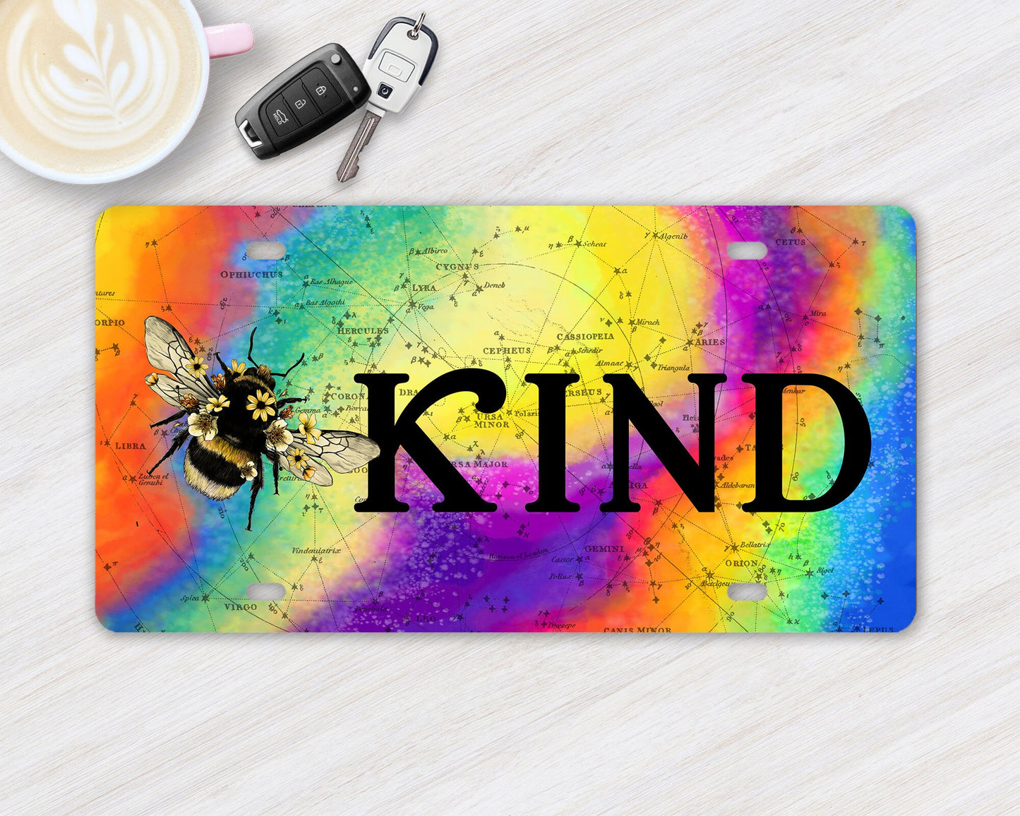 Vanity Front License Plate, Bee Kind Tie Dye Aluminum Vanity License Plate Car Accessory Decorative Front Plate