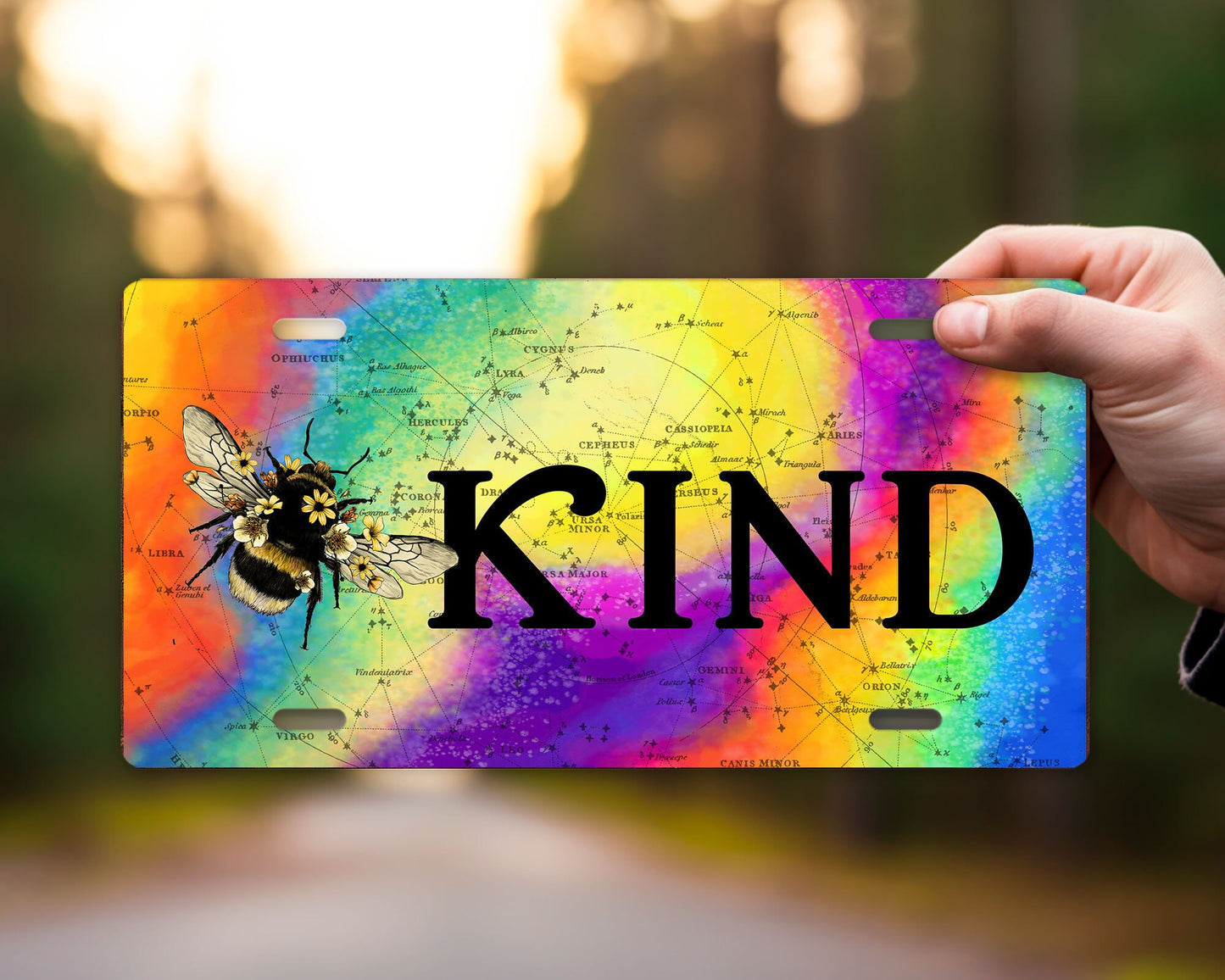 Vanity Front License Plate, Bee Kind Tie Dye Aluminum Vanity License Plate Car Accessory Decorative Front Plate