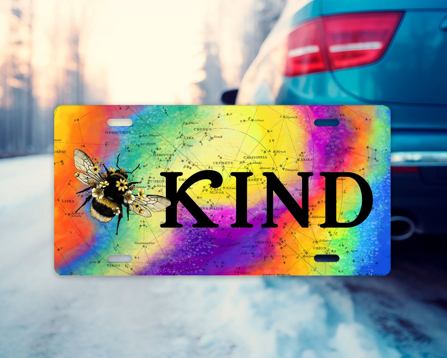 Vanity Front License Plate, Bee Kind Tie Dye Aluminum Vanity License Plate Car Accessory Decorative Front Plate