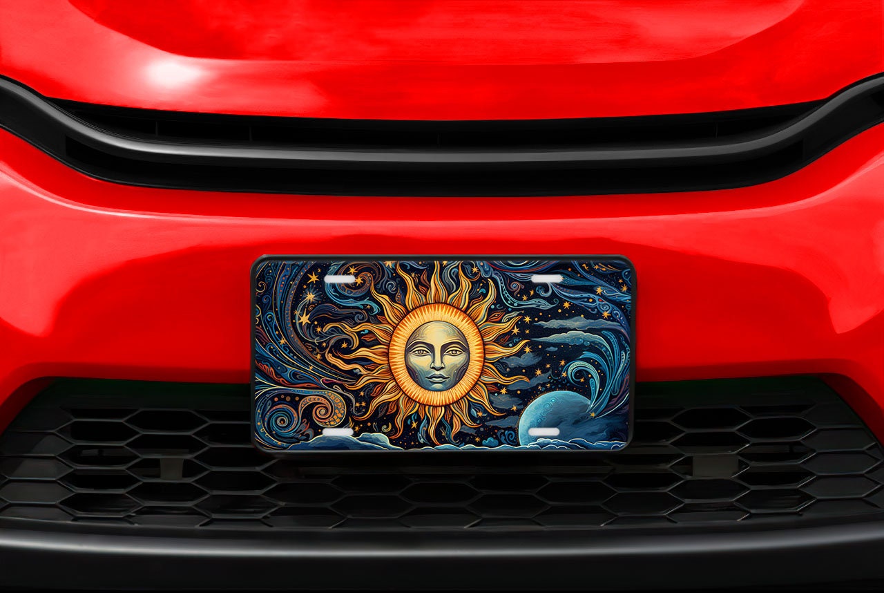 New Release Vanity Front License Plate, Celestial Sun Aluminum Vanity License Plate Car Accessory Decorative Front Plate