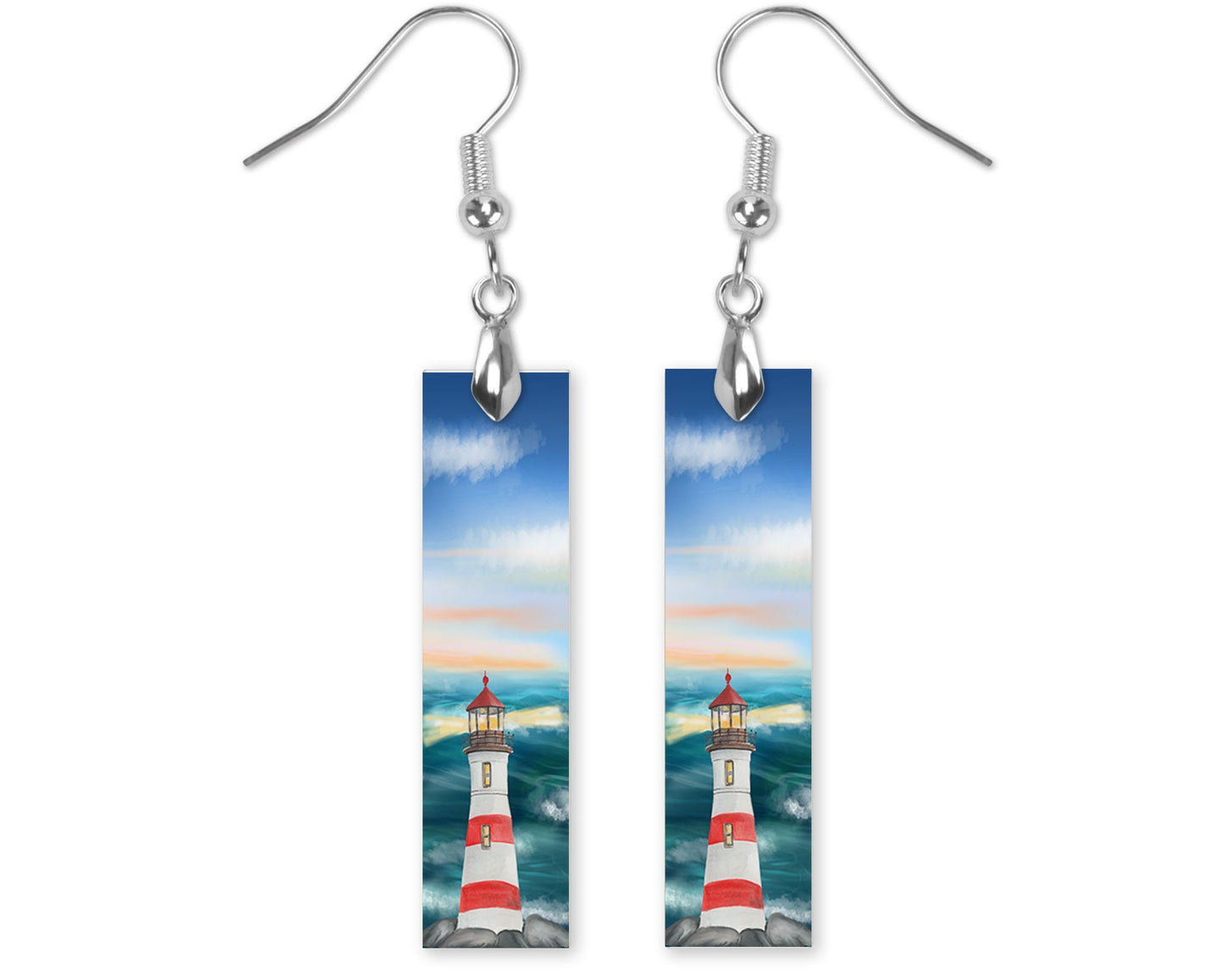 Red Stripe Lighthouse Earrings, Printed Wood Dangle Earrings Hypoallergenic Jewelry Handmade