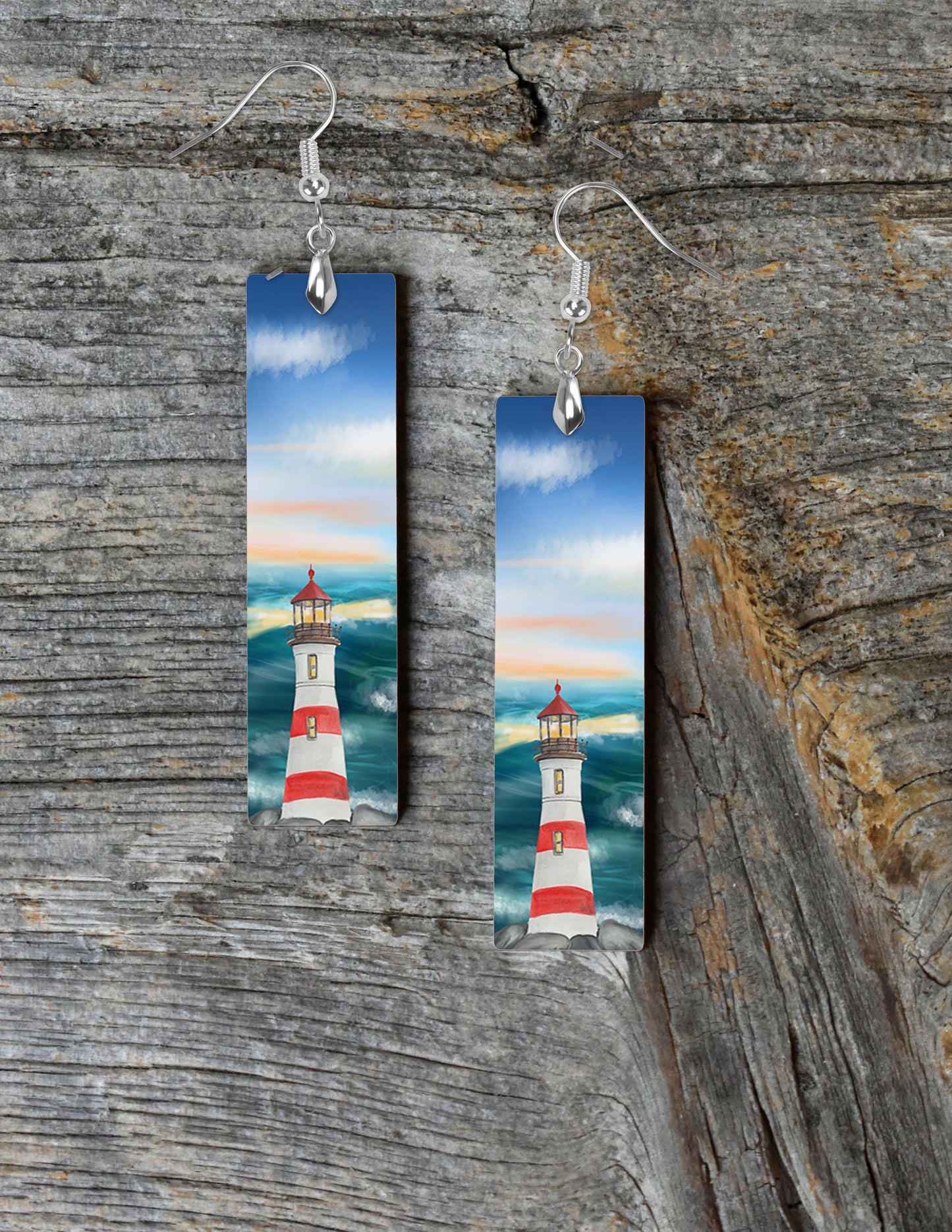 Red Stripe Lighthouse Earrings, Printed Wood Dangle Earrings Hypoallergenic Jewelry Handmade