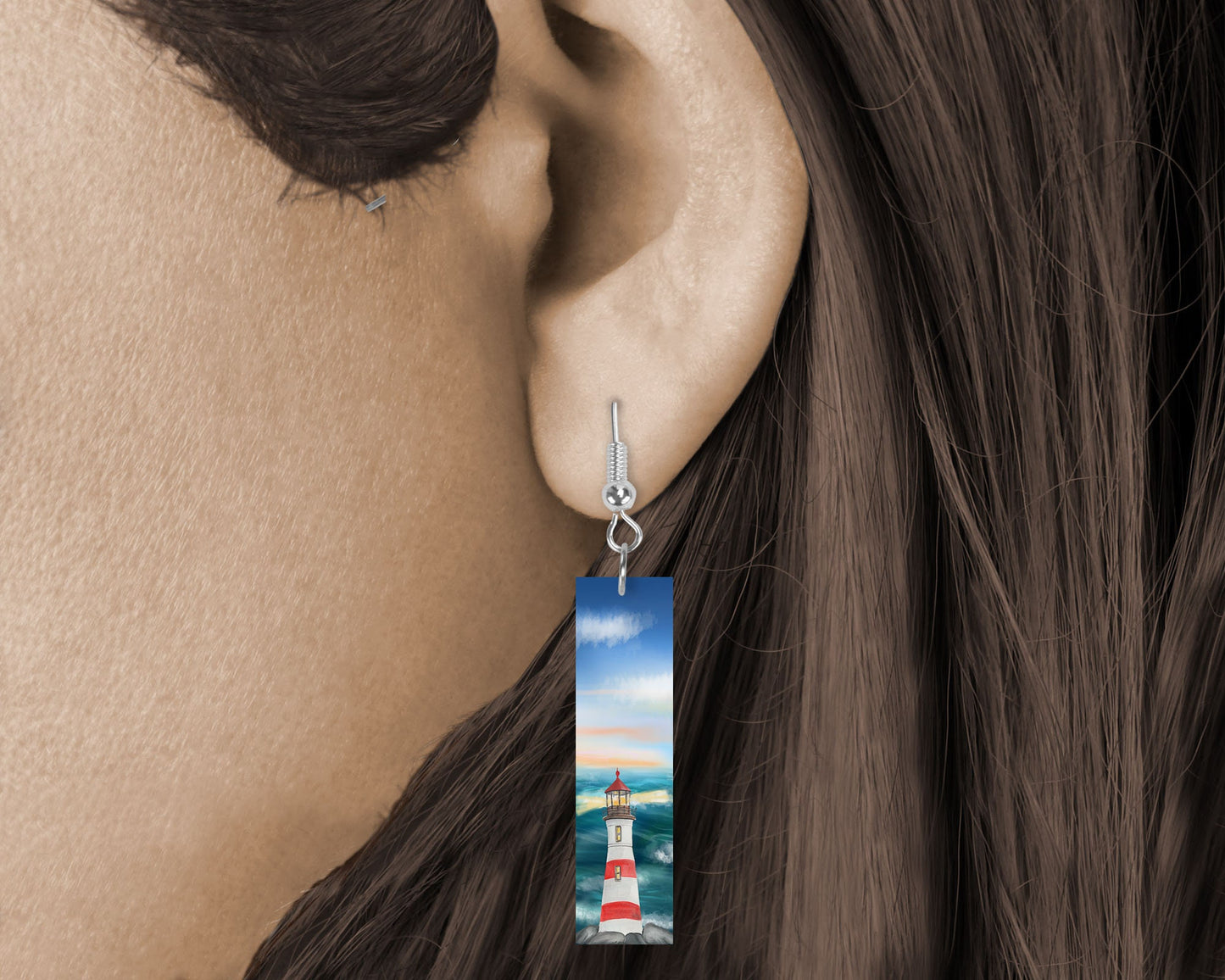 Red Stripe Lighthouse Earrings, Printed Wood Dangle Earrings Hypoallergenic Jewelry Handmade