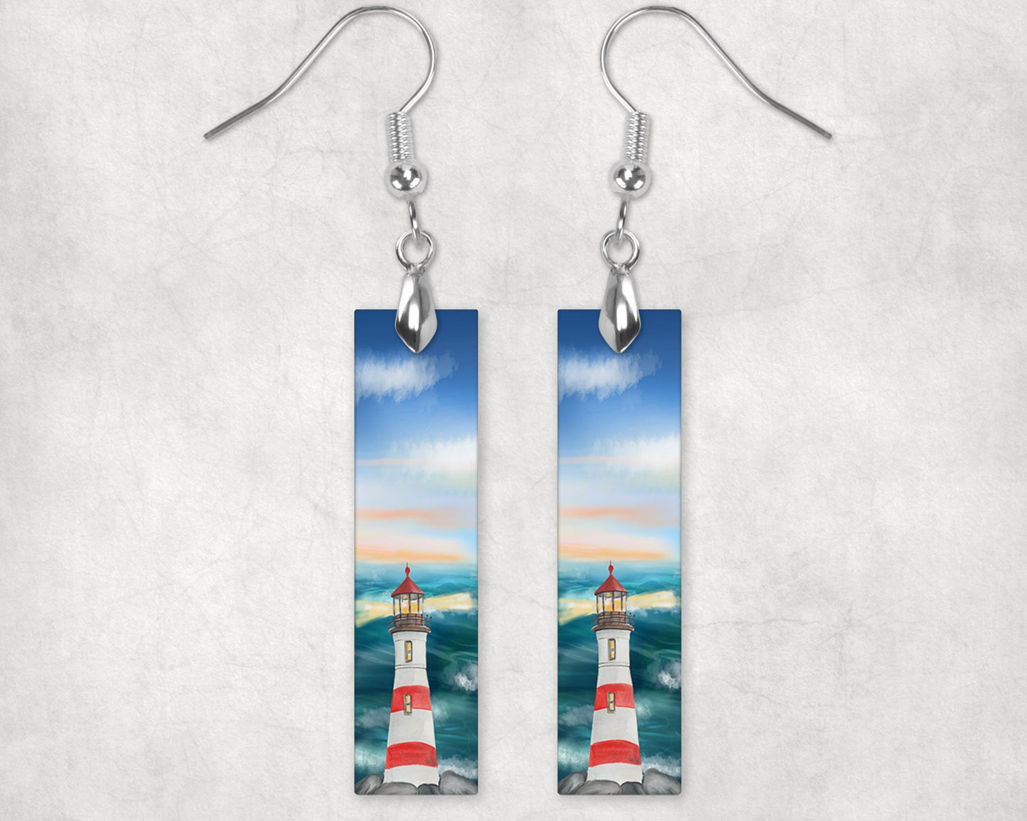 Red Stripe Lighthouse Earrings, Printed Wood Dangle Earrings Hypoallergenic Jewelry Handmade