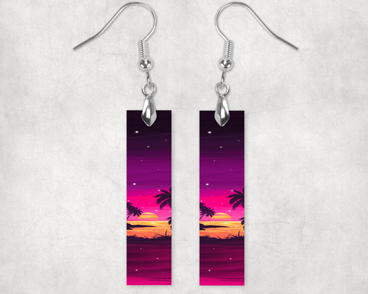 Sunset Beach Earrings, Printed Wood Dangle Earrings Hypoallergenic Jewelry Handmade