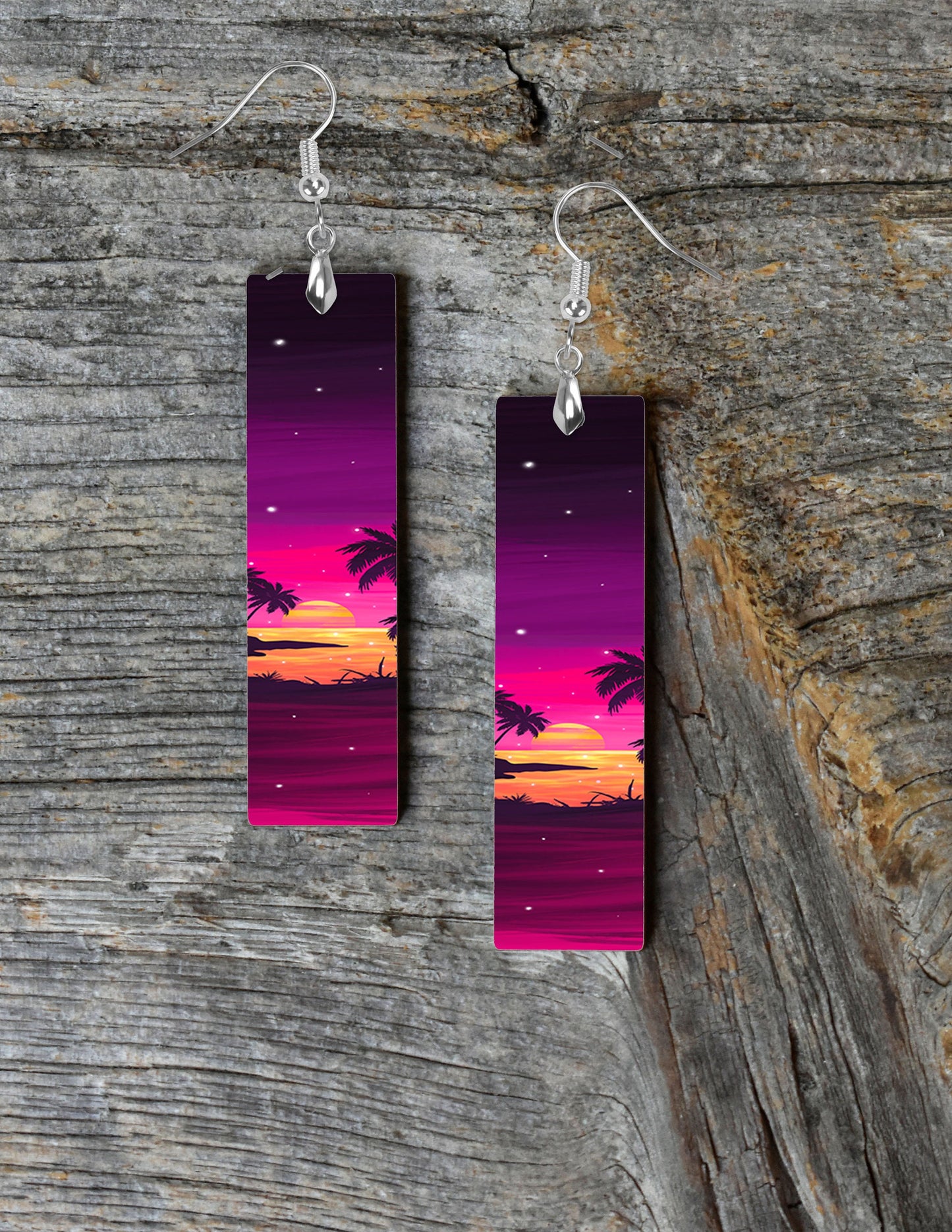 Sunset Beach Earrings, Printed Wood Dangle Earrings Hypoallergenic Jewelry Handmade