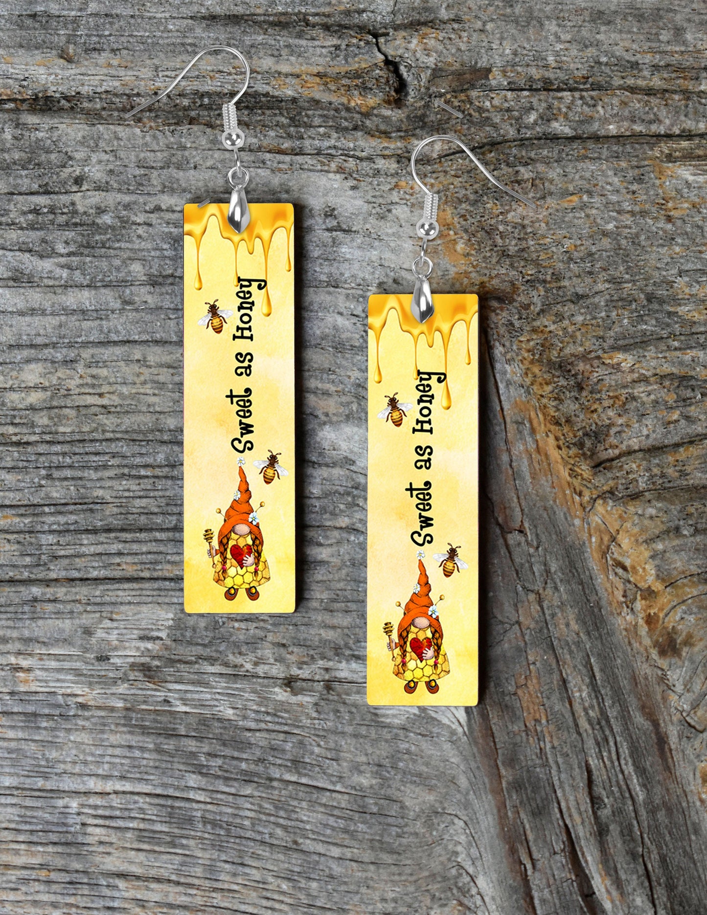 Sweet as Honey Earrings, Printed Wood Dangle Earrings Hypoallergenic Jewelry Handmade