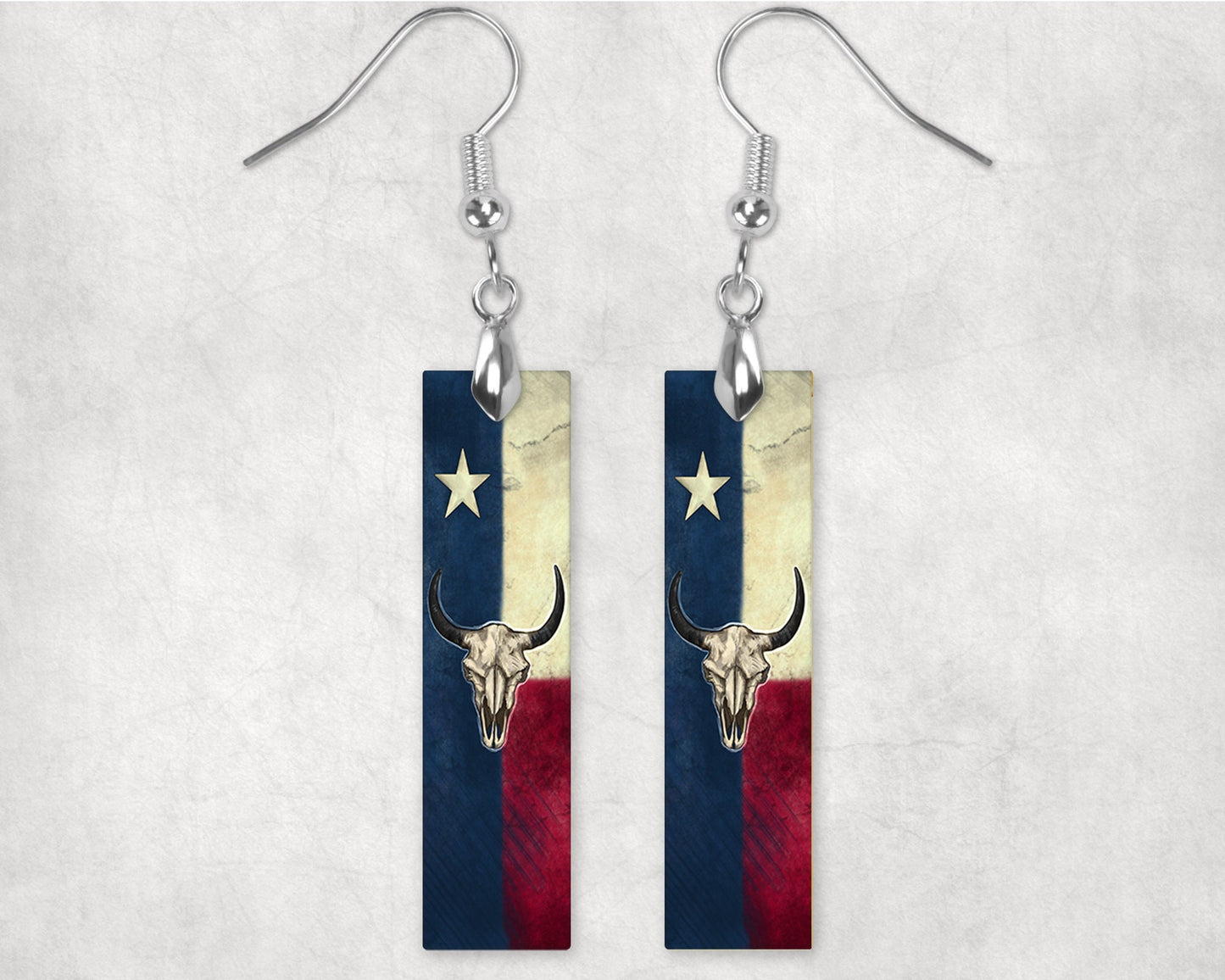 Texas Flag Cow Skull Earrings, Printed Wood Dangle Earrings Hypoallergenic Jewelry Handmade