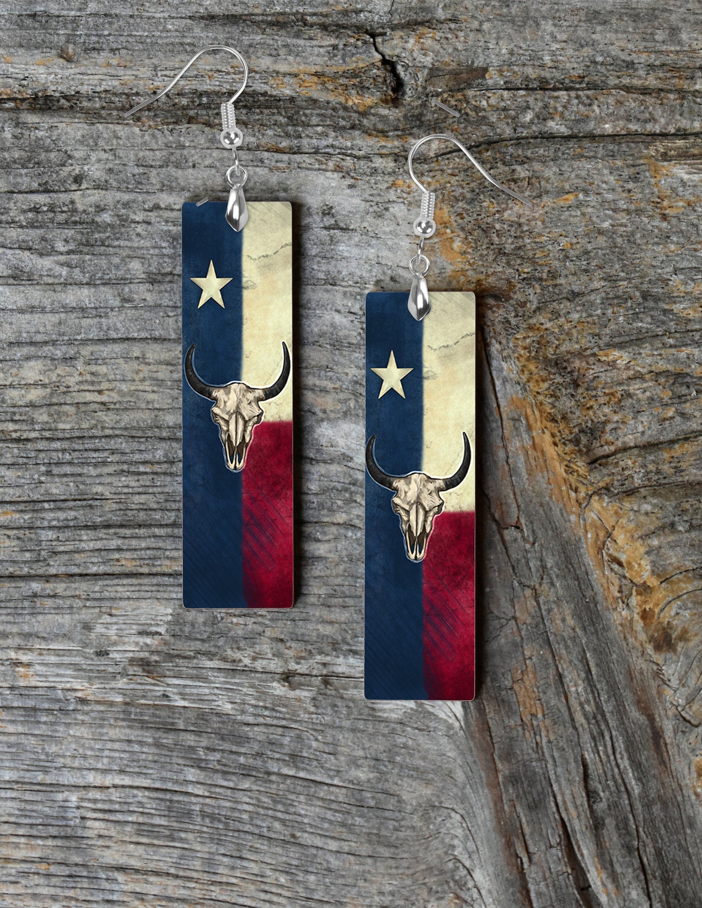 Texas Flag Cow Skull Earrings, Printed Wood Dangle Earrings Hypoallergenic Jewelry Handmade