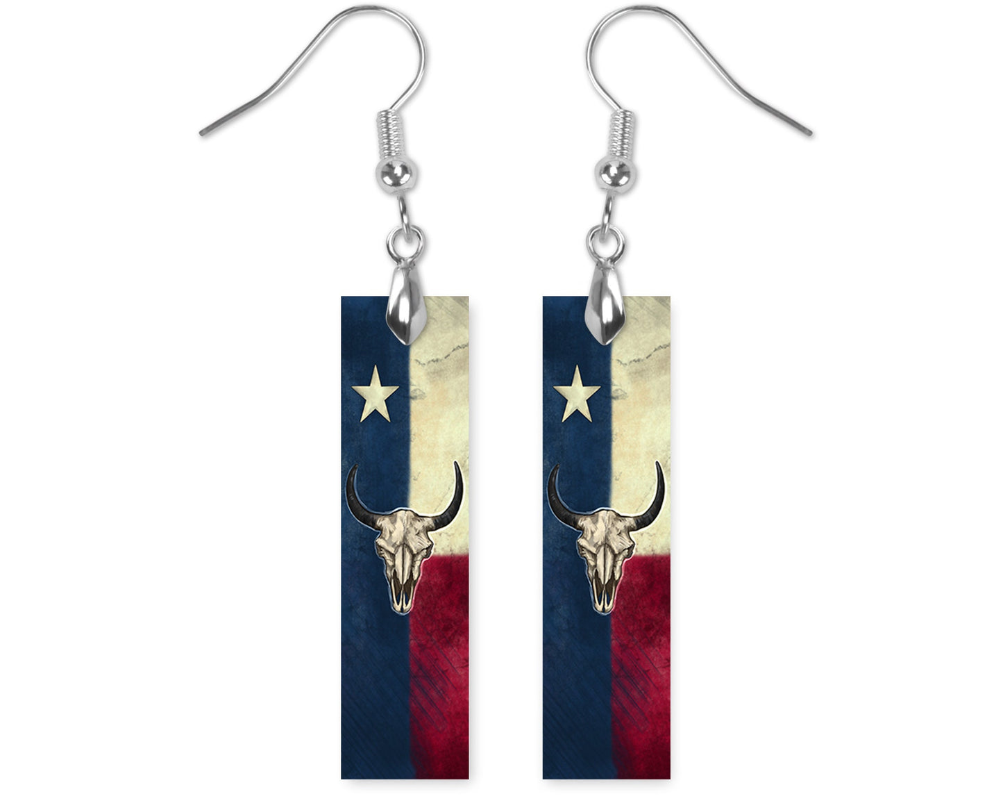 Texas Flag Cow Skull Earrings, Printed Wood Dangle Earrings Hypoallergenic Jewelry Handmade