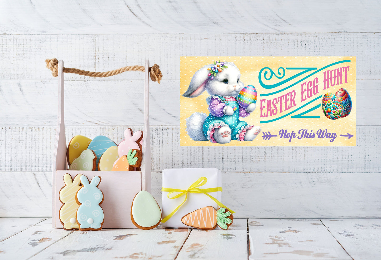 Easter Sign, Egg Hunt Hop this Way, Hanging Wall Sign Wood Home Decor, Wreath Sign, Door Hanger