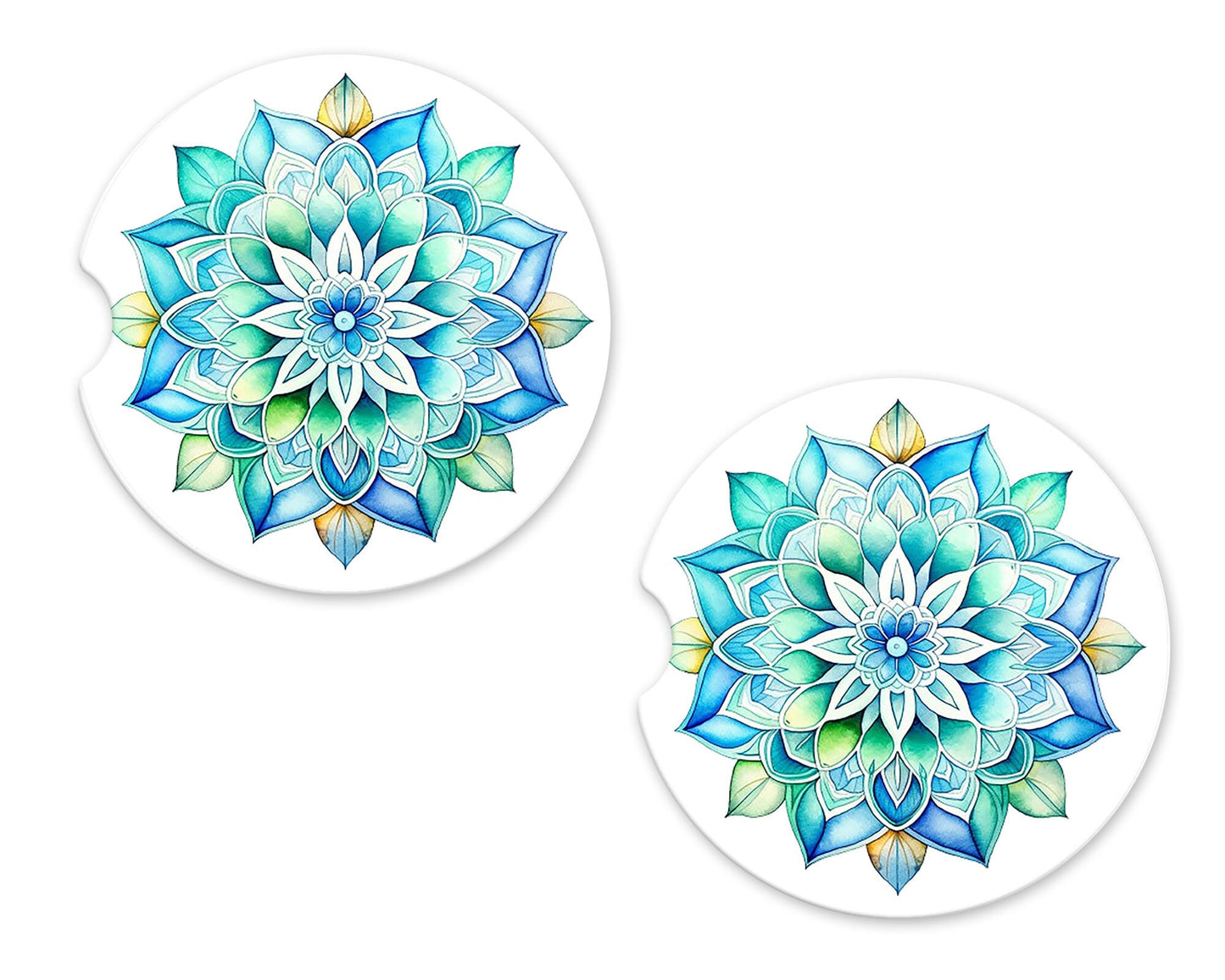 Set of 2 Blue Green Mandala Sandstone Car Coasters