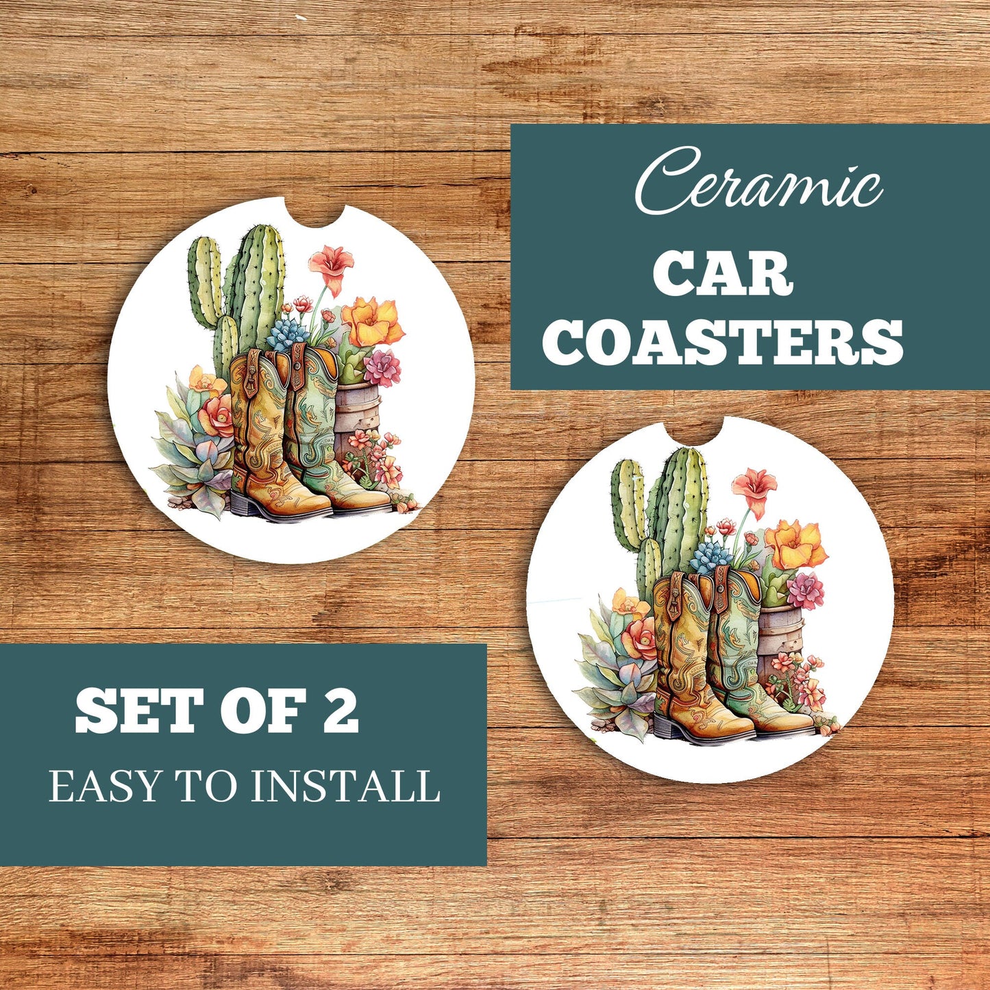 Set of 2 Boots and Cactus Sandstone Car Coasters