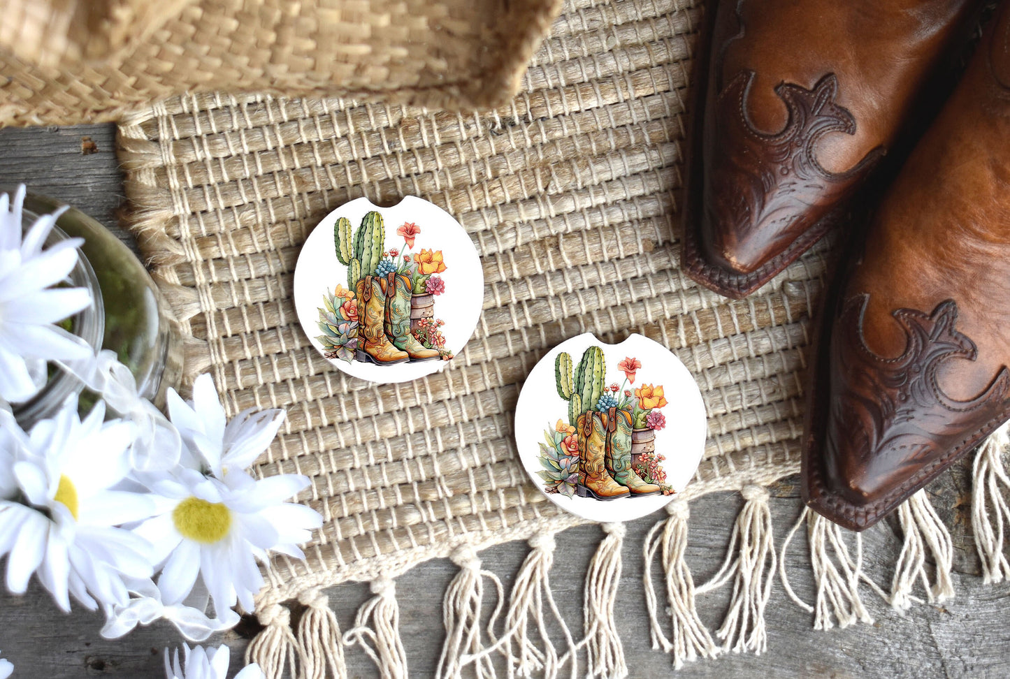 Set of 2 Boots and Cactus Sandstone Car Coasters