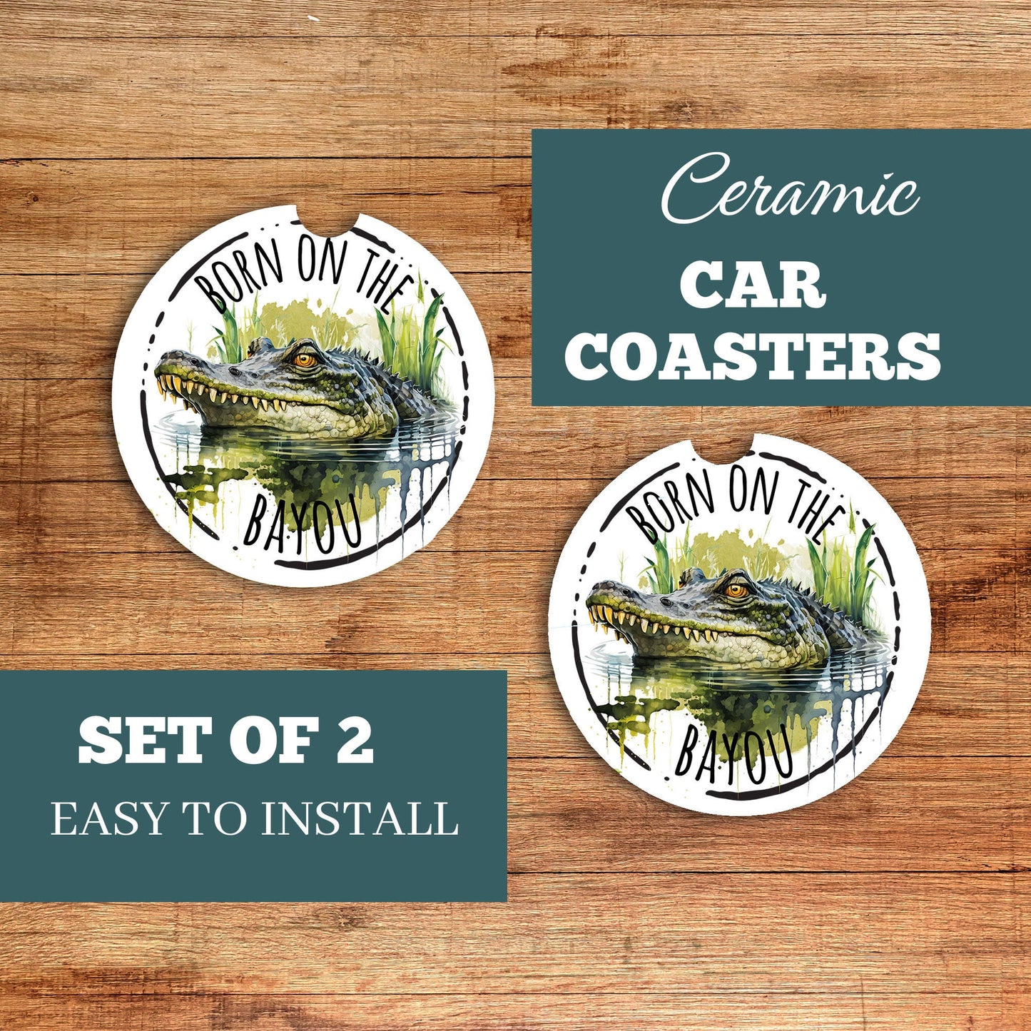 Set of 2 Born on the Bayou Alligator Sandstone Car Coasters, Car Accessory