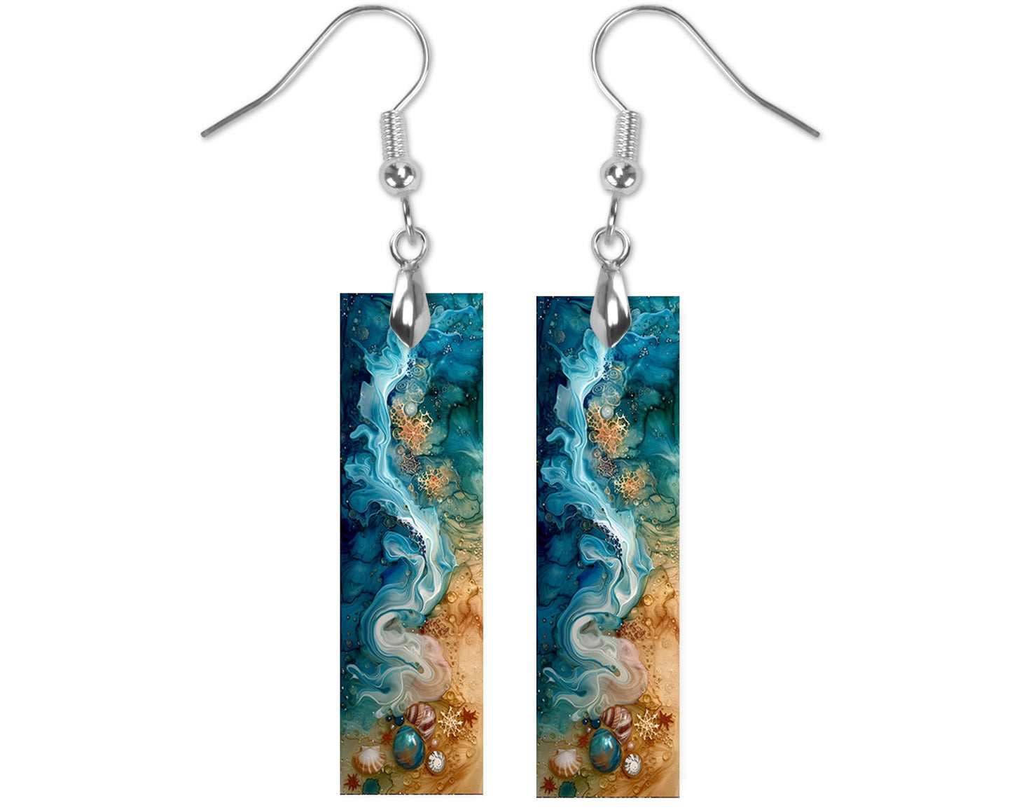 Alcohol Ink Beach Earrings, Printed Wood Dangle Earrings Hypoallergenic Jewelry Handmade