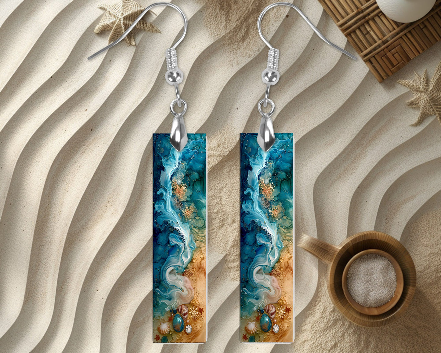 Alcohol Ink Beach Earrings, Printed Wood Dangle Earrings Hypoallergenic Jewelry Handmade