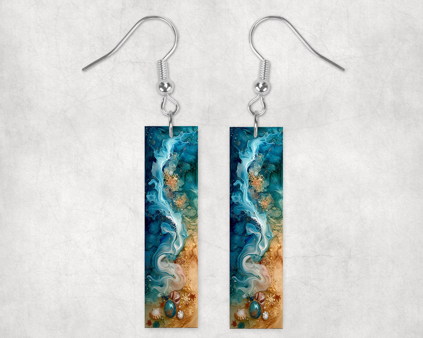 Alcohol Ink Beach Earrings, Printed Wood Dangle Earrings Hypoallergenic Jewelry Handmade