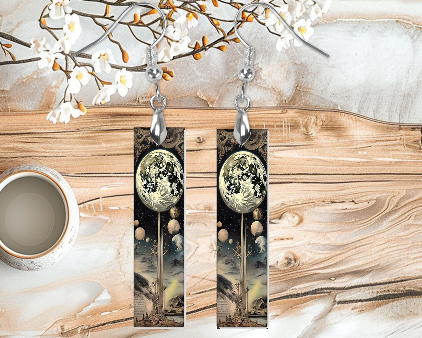 Alien Moon Earrings, Printed Wood Dangle Earrings Hypoallergenic Jewelry Handmade