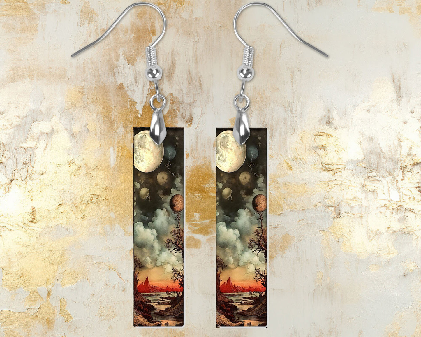 Alien Sky Earrings, Printed Wood Dangle Earrings Hypoallergenic Jewelry Handmade