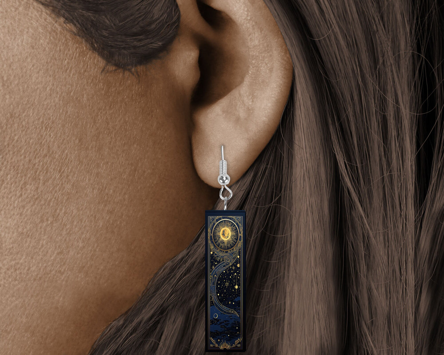 Art Deco Celestial Earrings, Printed Wood Dangle Earrings Hypoallergenic Jewelry Handmade