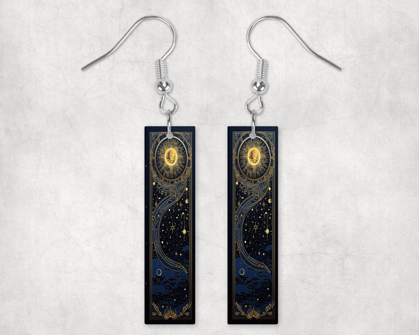 Art Deco Celestial Earrings, Printed Wood Dangle Earrings Hypoallergenic Jewelry Handmade