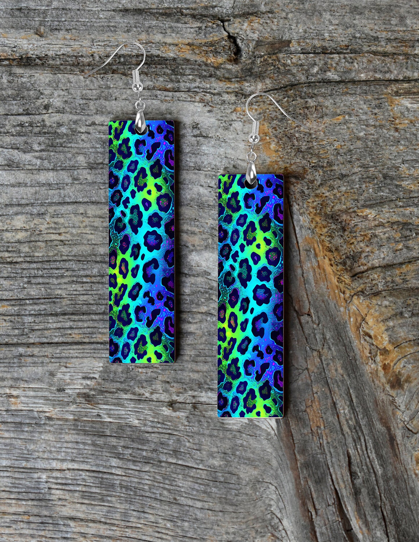 Blue and Lime Leopard Print Earrings, Printed Wood Dangle Earrings Hypoallergenic Jewelry Handmade