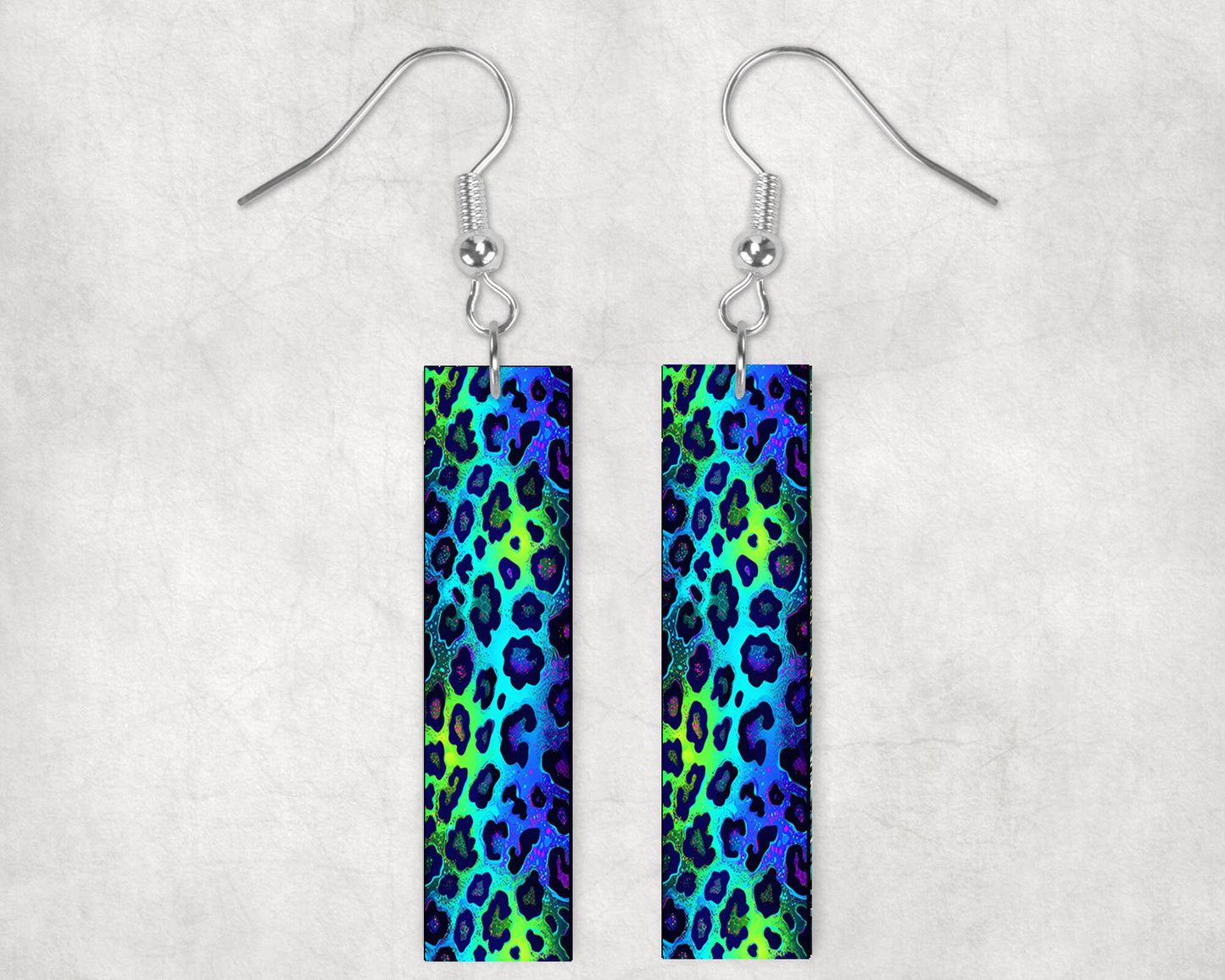 Blue and Lime Leopard Print Earrings, Printed Wood Dangle Earrings Hypoallergenic Jewelry Handmade