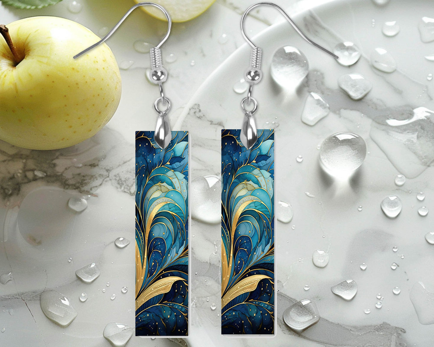 Blue Ripple Earrings, Printed Wood Dangle Earrings Hypoallergenic Jewelry Handmade